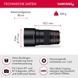 Teleobiettivo fotografico 135mm F2.0 per Canon EF – Full-frame e APS-C Obiettivo fisso con EF/EF-S Mount – Focus manuale – per EOS-1D X Mark III, 6D Mark II, 5D Mark IV