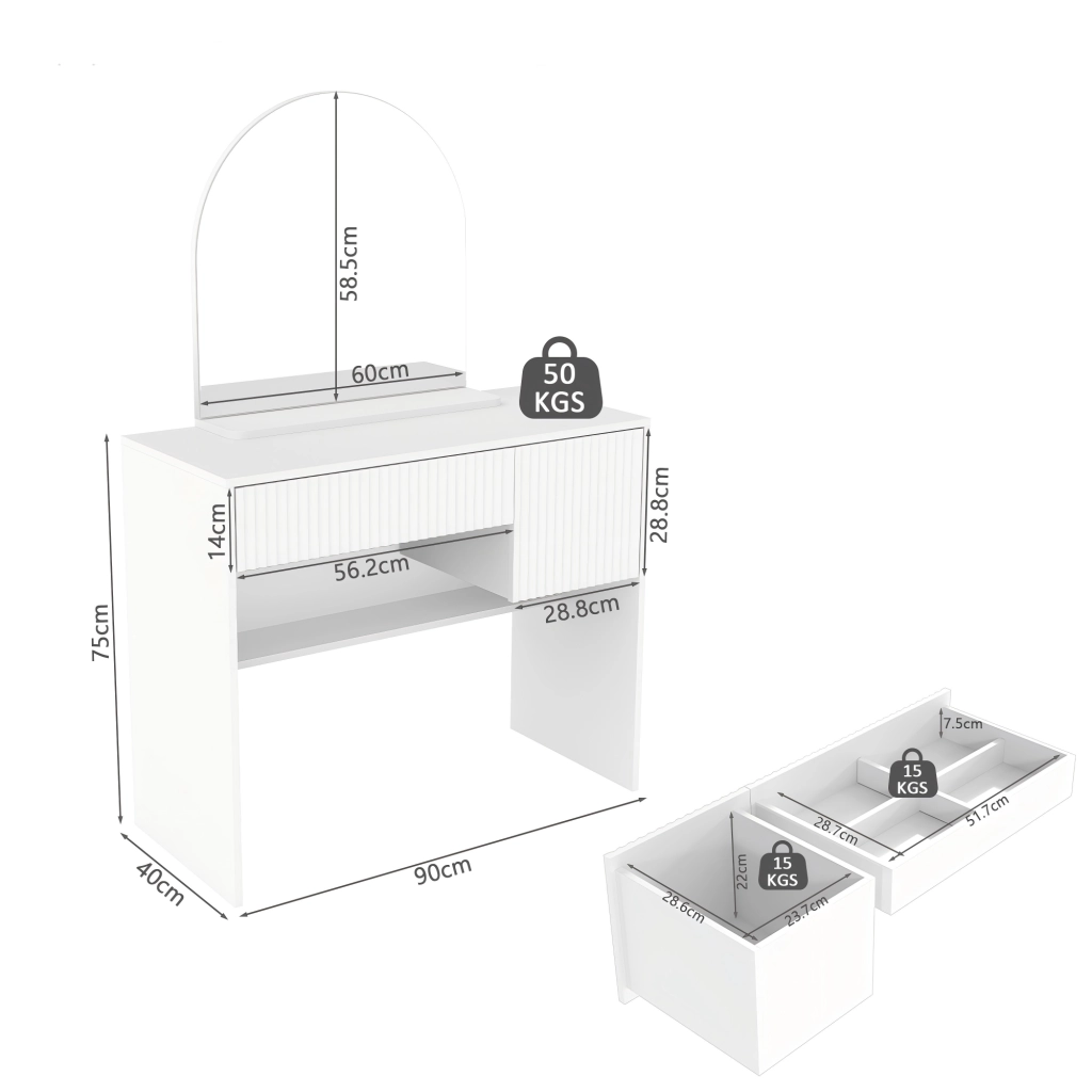 Tavolo da toeletta moderno con specchio; cassetti e mensole aperte; Bianco; B90×H135×P40cm