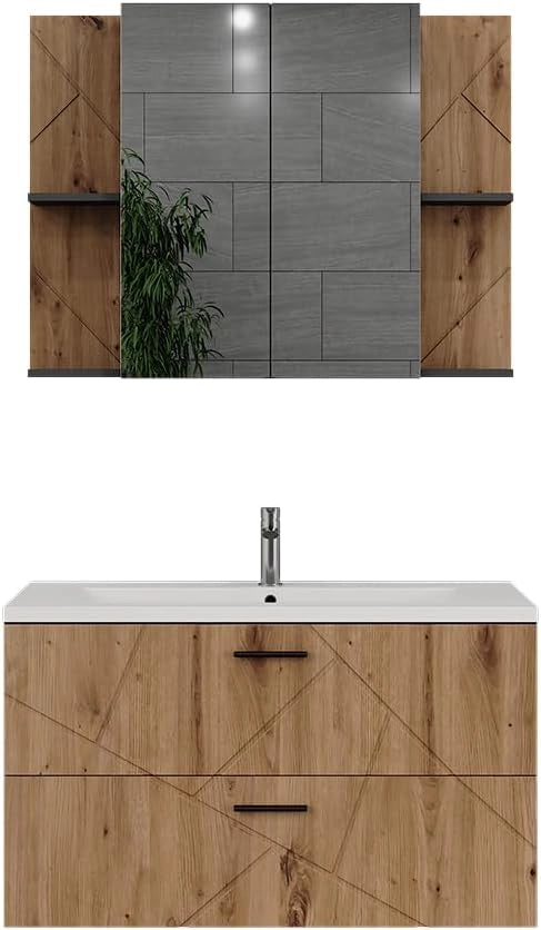 Set di mobili da bagno Irma, Bianco/bianco lucido, 100 cm, composto da mobile sottolavabo con lavabo e specchio per bagno