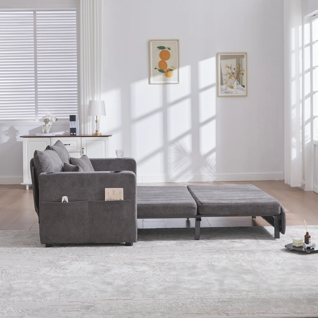 Divano convertibile multifunzione con funzione letto tasche laterali e cuscini in ciniglia grigia per piccoli spazi
