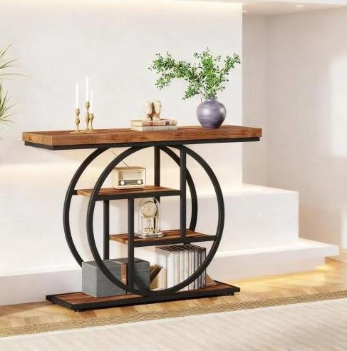 Tavolo consolle a 4 livelli in metallo e legno 105 x 30 x 80 cm nero e marrone rustico