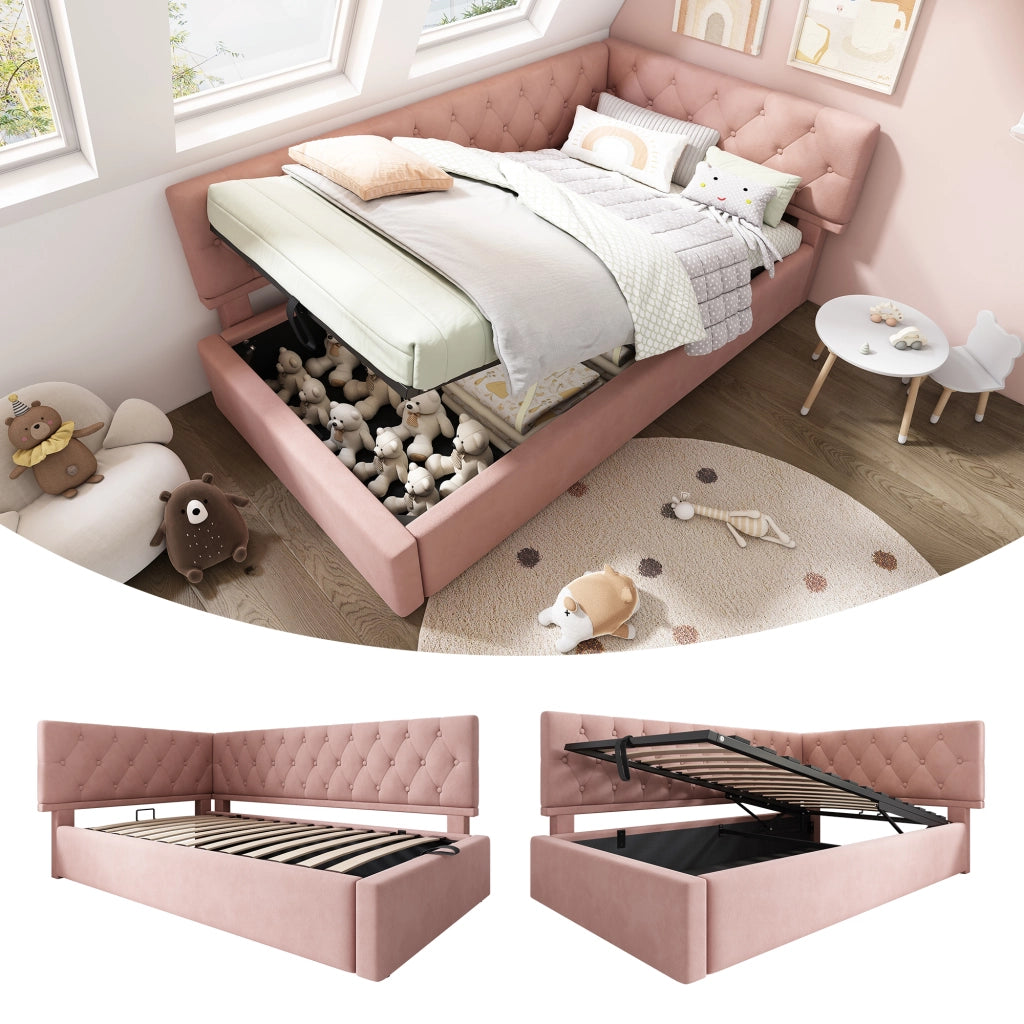 LETTO Giorno a L con contenitore 90x190 cm in velluto rosa