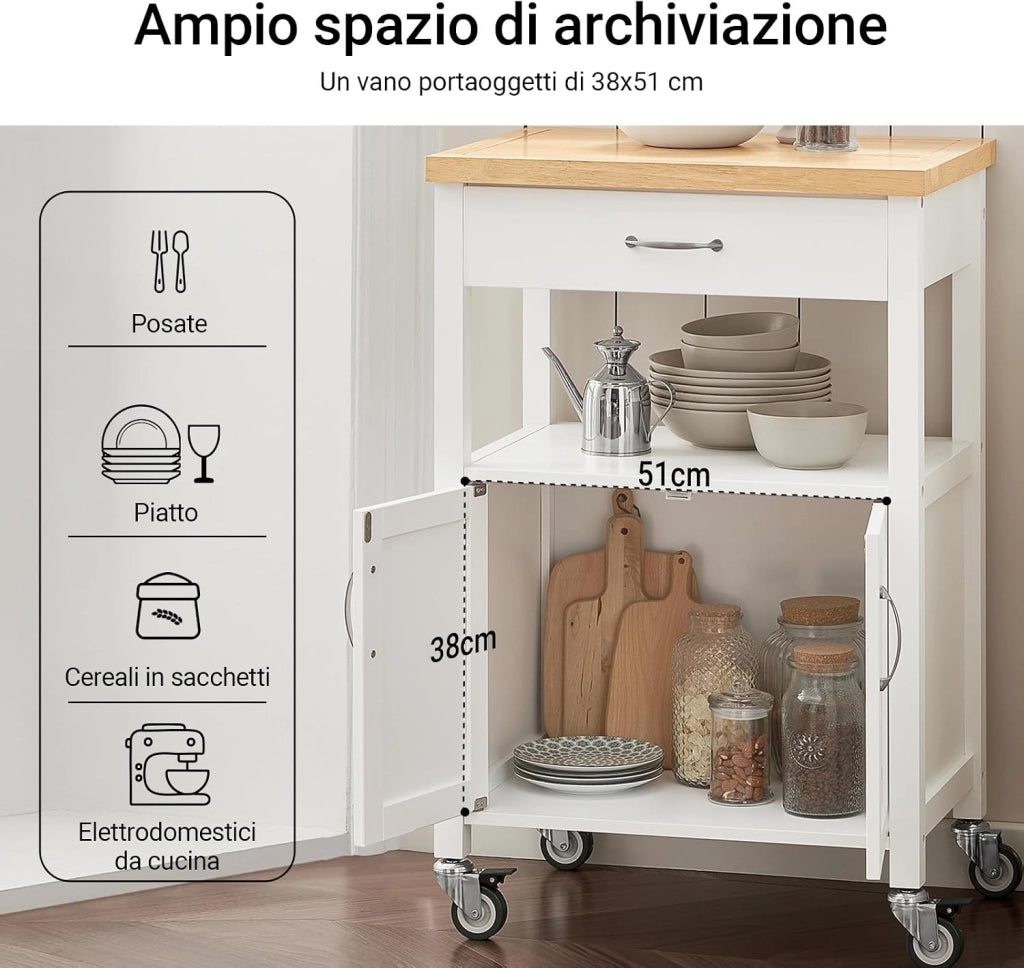 Carrello cucina salvaspazio con piano di lavoro – Mobile cucina con ruote, ideale come mobiletto cucina, credenza compatta o mobile microonde – Disponibile in Bianco 60x92x45cm FKW22-WN