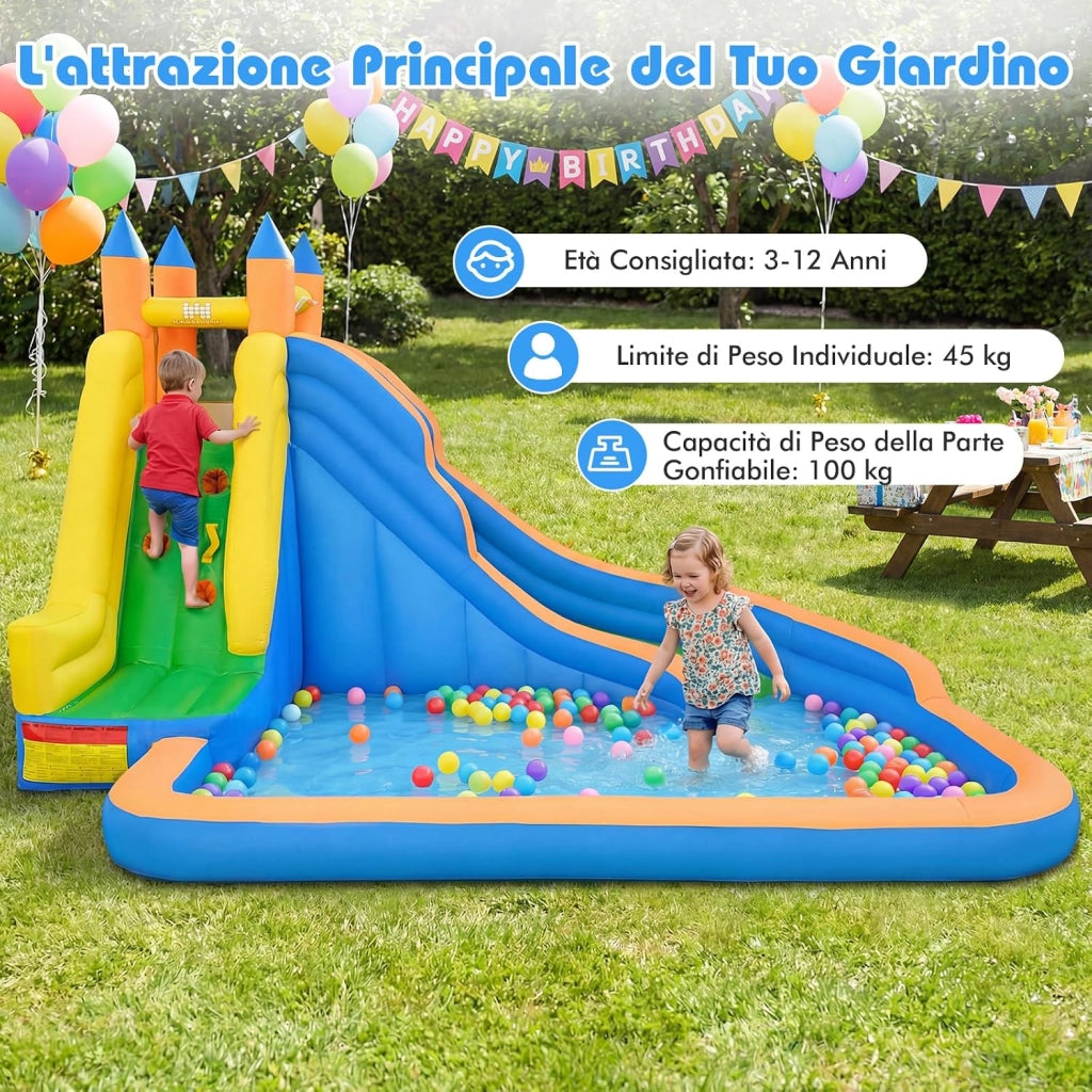 Castello Gonfiabile per Bambini, 3 in 1 Giochi Gonfiabili con Scivolo, Piscina e Parete di Arrampicata, Parco Acquatico da Esterno per Giardino e Prato, per Bmbini 3-12 Anni