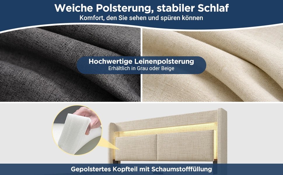 Letto Imbottito Contenitore 140x200 con LED, USB ¨C MINIMAL ¨C Beige, Tessuto Lino, Testiera con Vano