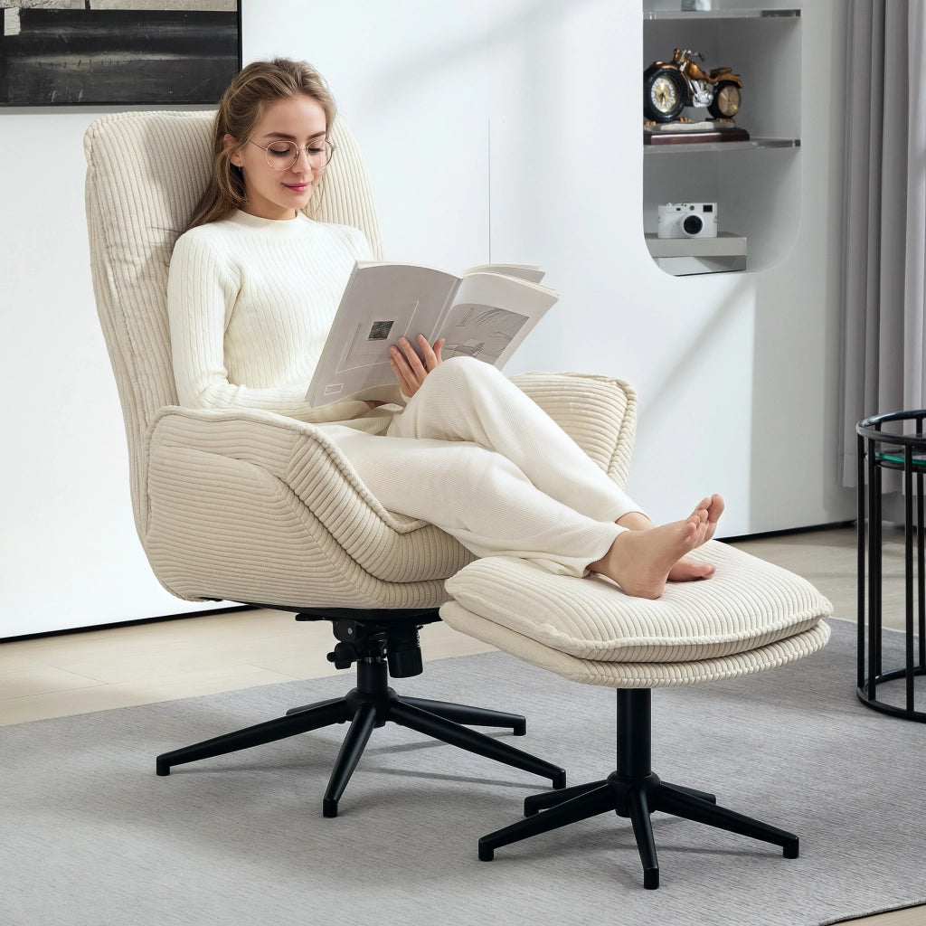 Poltrona relax girevole a 360° con poggiapiedi, schienale reclinabile fino a 130°, in corda beige