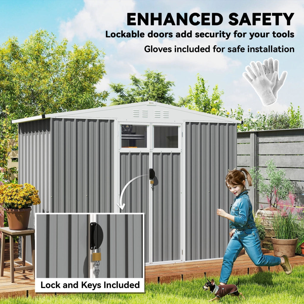 Capanno da Giardino 246x117x180 cm Porta Attrezzi con 2 Porte in Acciaio Zincato Grigio Chiaro