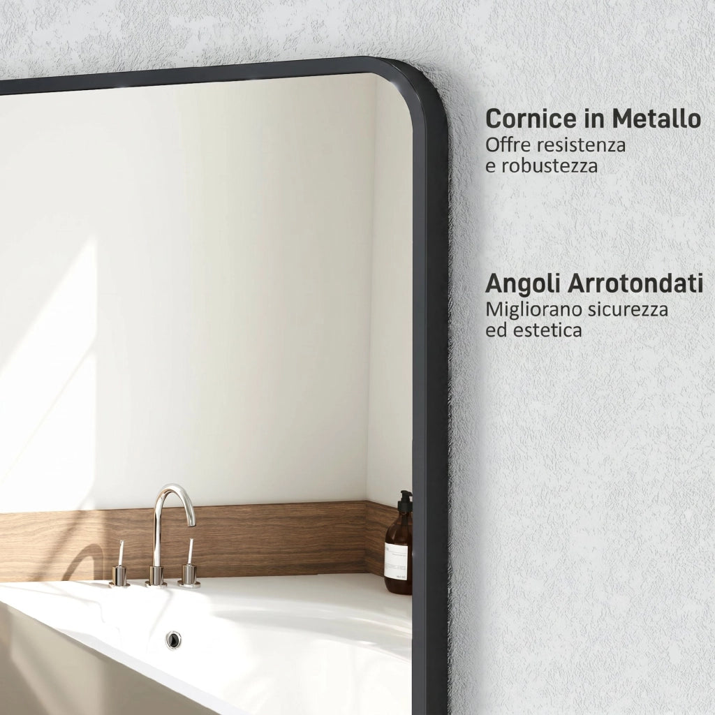 Specchio Bagno con Cornice in Metallo e Gancio, 50x2.5x70 cm, Nero