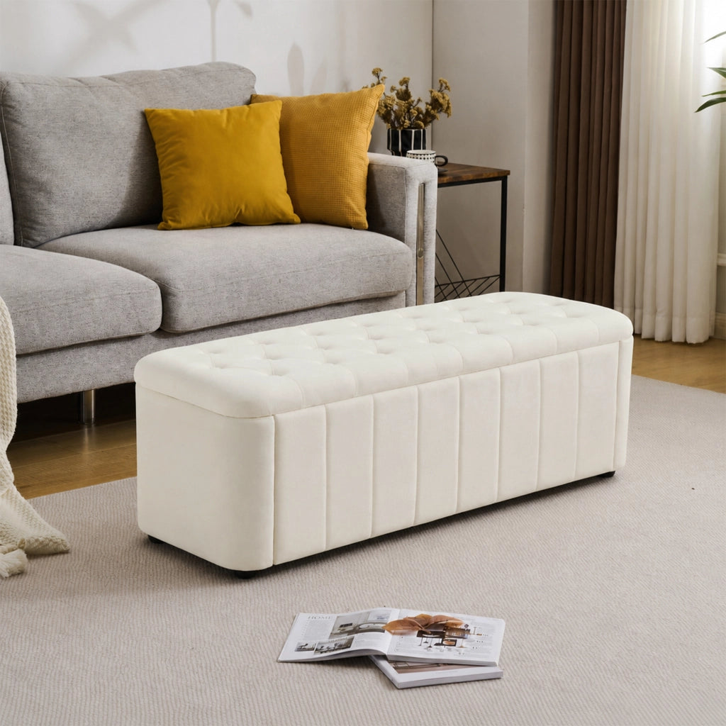 Panca contenitore in velluto con angoli arrotondati e seduta imbottita per soggiorno e ingresso beige 132 × 47 × 24 cm