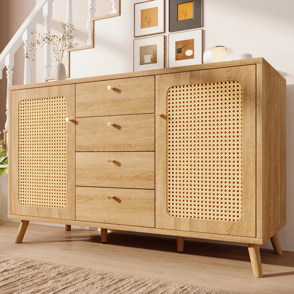 CREDENZA 140x40x86 cm Rovere Chiaro Effetto Rattan 4 Cassetti 2 Ante