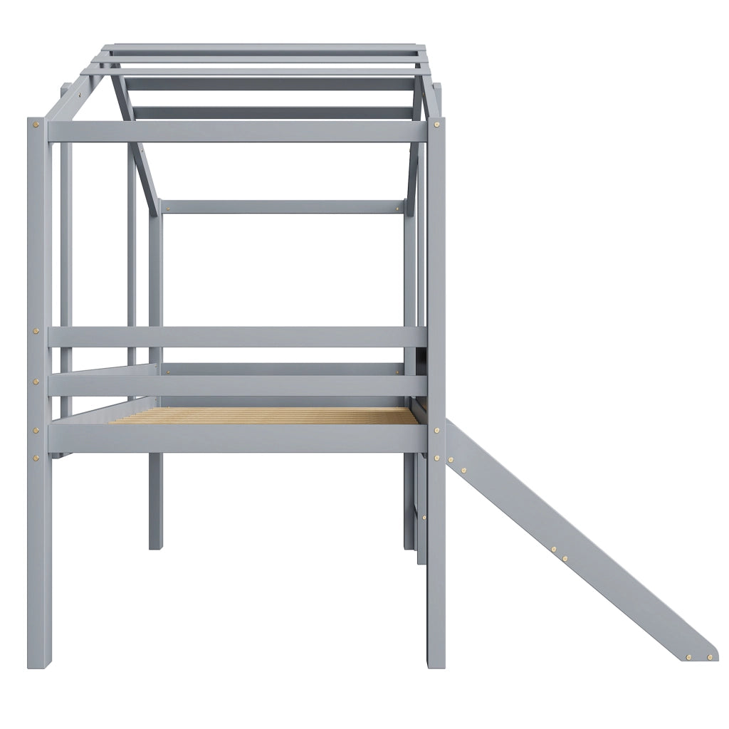 LETTO a soppalco per bambini 90 x 200 cm grigio in legno con scivolo e lavagna