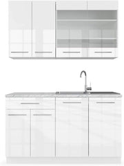 Cucina completa Fame-Line, Bianco lucido/bianco, 140 cm, PL Marmo, compatibile con i comuni elettrodomestici e abbinabile ai lavelli