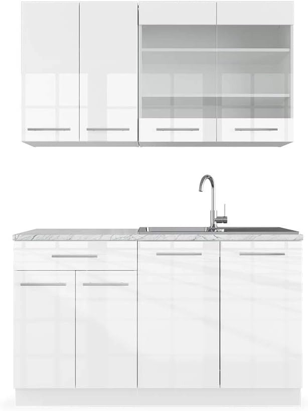 Cucina completa Fame-Line, Bianco lucido/bianco, 140 cm, PL Marmo, compatibile con i comuni elettrodomestici e abbinabile ai lavelli