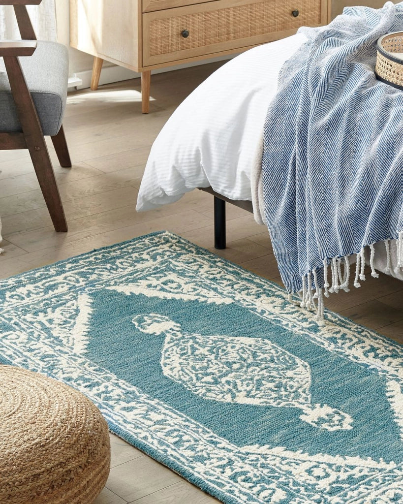 Tappeto bianco blu lana 80 x 150 cm tessuto piatto fatto a mano motivo orientale