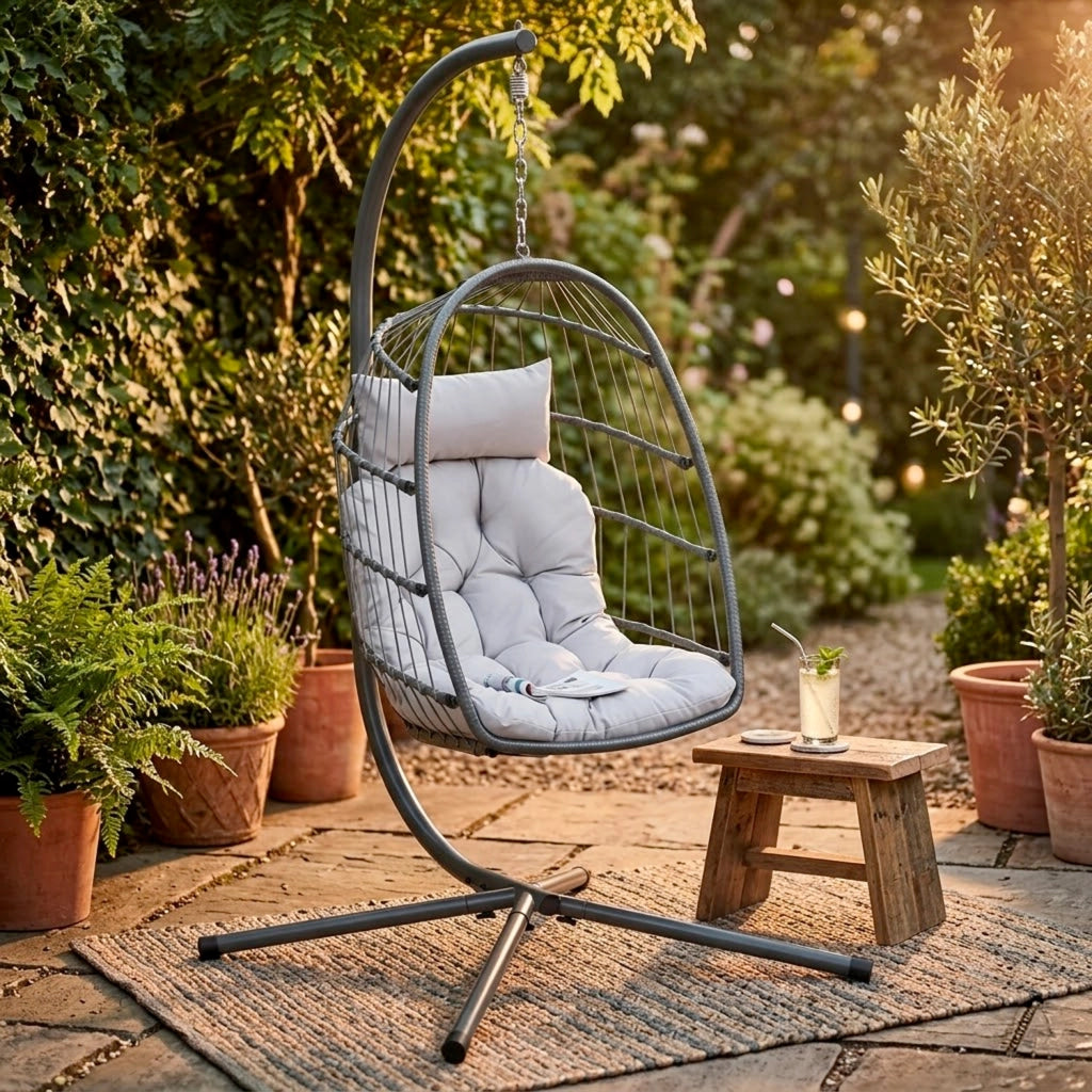 Poltrona Sospesa Da Giardino In Metallo Con Cuscino Imbottito Pieghevole Per Balcone E Terrazzo 105 x 105 x 198 Cm Grigio Chiaro