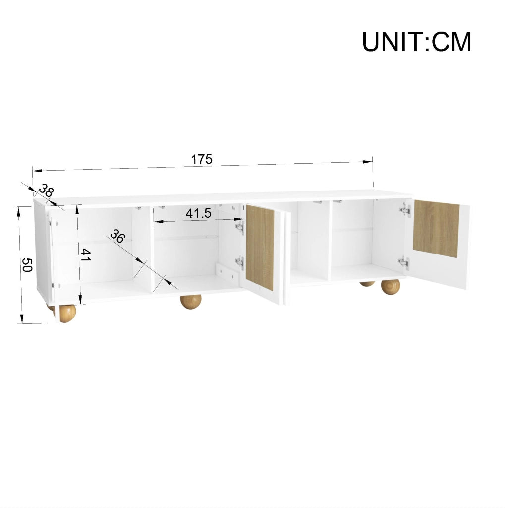 Mobile TV 175x38x50 cm con quattro vani; gambe rotonde in legno; MDF; naturale e bianco