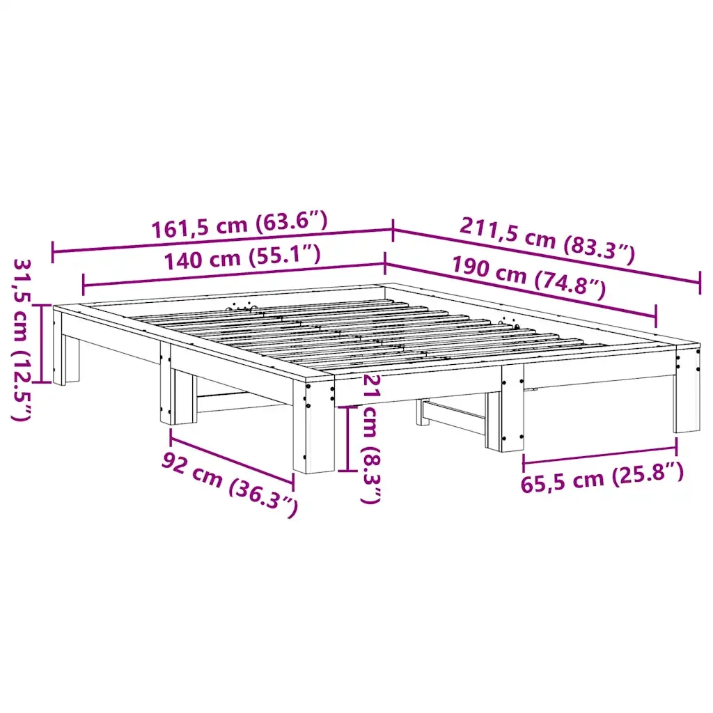 Letto matrimoniale | Letto per adulti | Letto senza Materasso 140x190 cm in Legno Massello di Pino