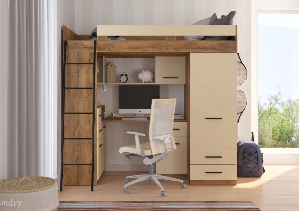 BIM Furniture letto soppalco con scrivania SMYK L cm110x204x188h Rovere scuro Crema
