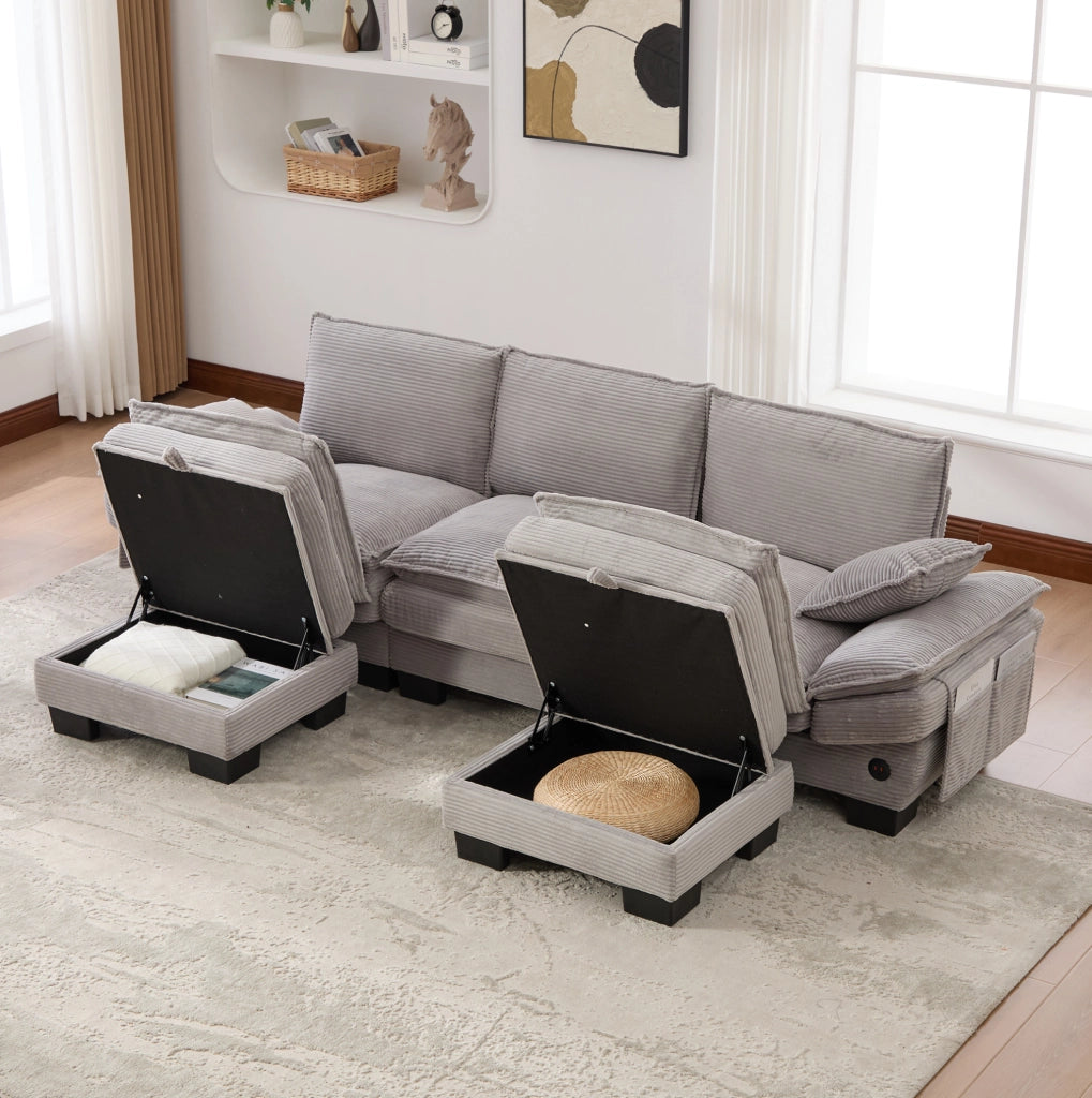 Divano modulare a 3 posti con pouf contenitore; USB-C; in velluto a coste grigio chiaro