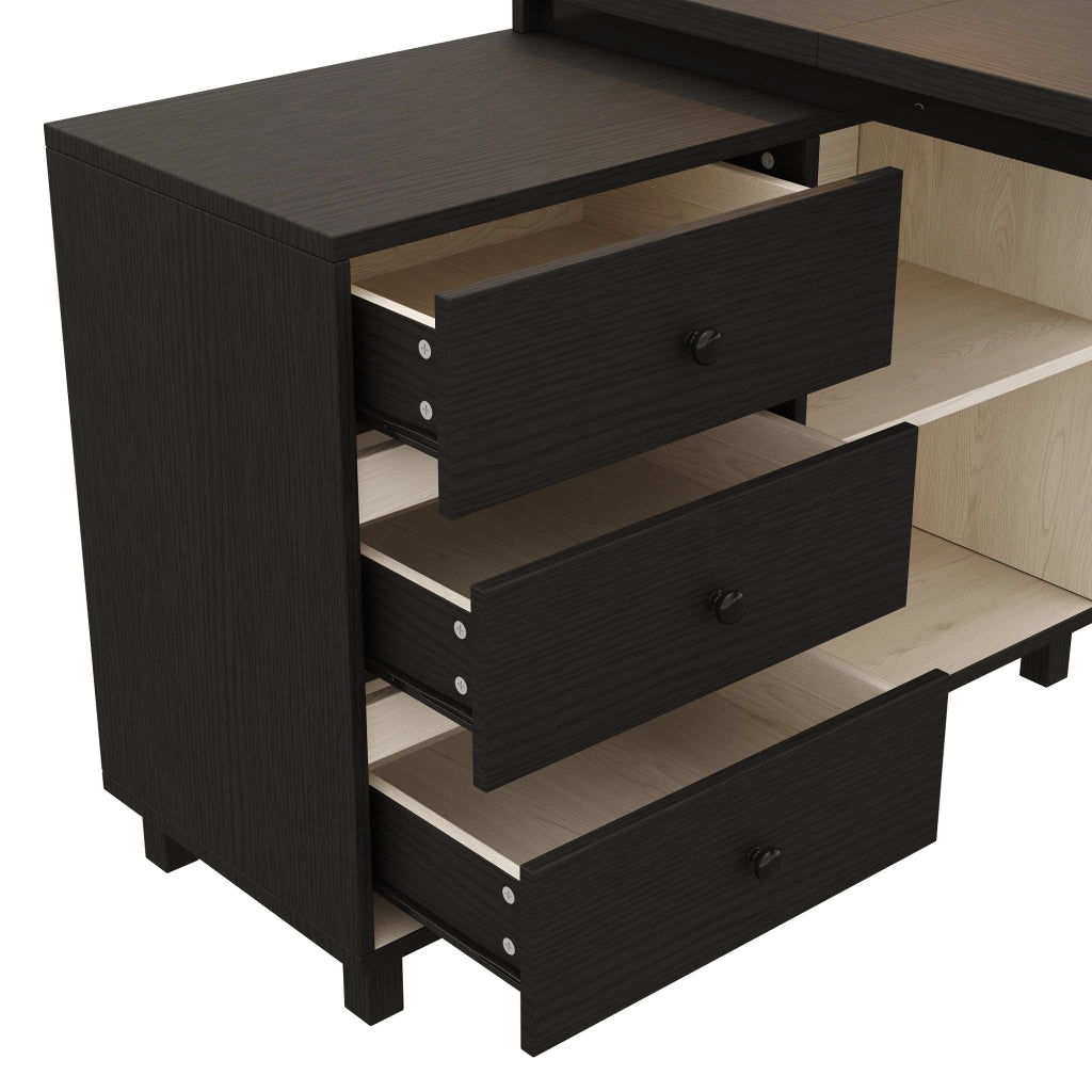 Scrivania a L 150 x 100 x 76 cm con 3 cassetti, 2 vani aperti, struttura in MDF e metallo, nero/bianco