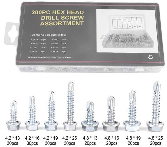 Assortimento di Viti a Tappo Autoimprimito 200 pezzi - Contenitore di Stoccaggio - Alta Qualità - Materiale in Legno - Morsetto Robusto - Viti a Tappo per Trapano