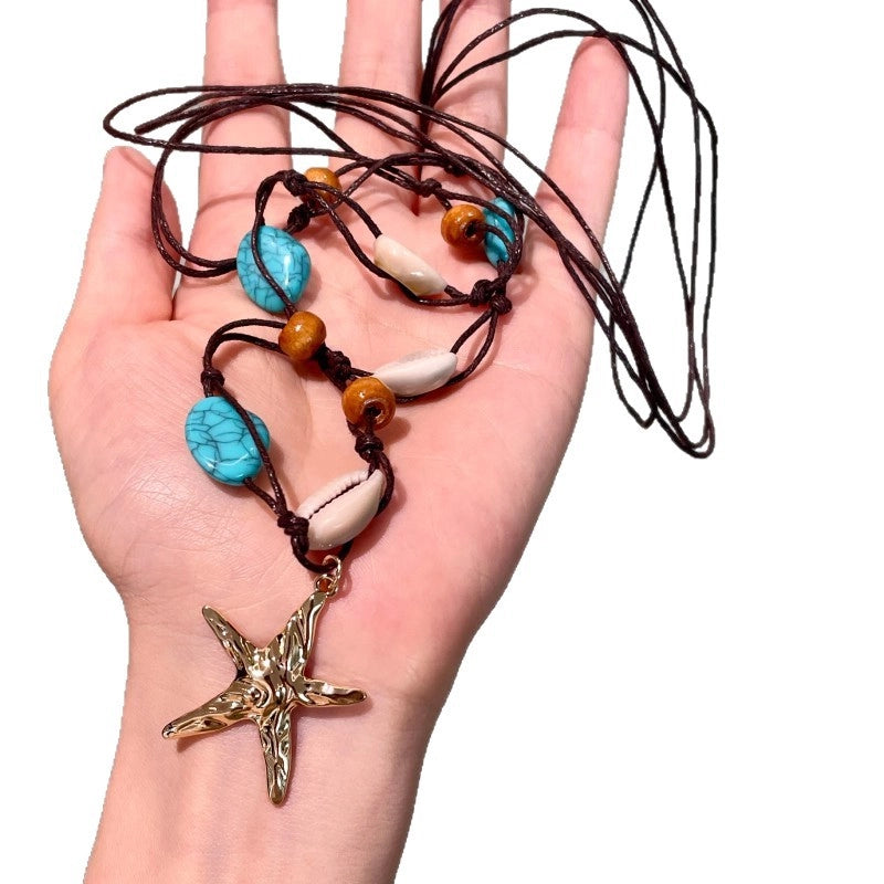 Collana lunga intrecciata multiuso in stile boh¨¦mien con stelle marine e conchiglie, realizzata con perline, stile etnico retr¨°.