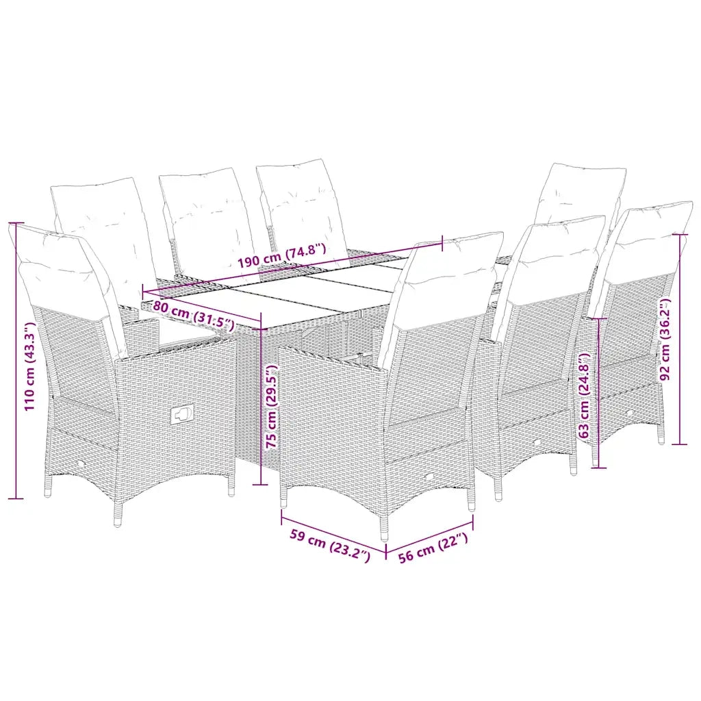 Set da Pranzo da Giardino 9 pz con Cuscini Nero in Polyrattan 3276689