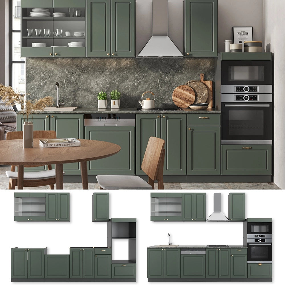 Cucina componibile Fame-Line Verde-oro rustico/Antracite 300 cm con armadio alto, PL Marmo Vicco