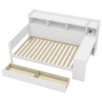 Divano letto multifunzionale 90x200 cm, con mensola per comodino, 2 cassetti e scrivania integrata, senza materasso, Bianco
