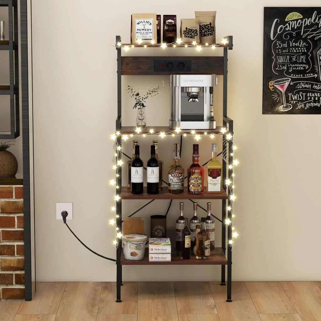 Scaffale da cucina con prese di corrente, Supporto per microonde a 4 livelli con 8 ganci a S Marrone rustico