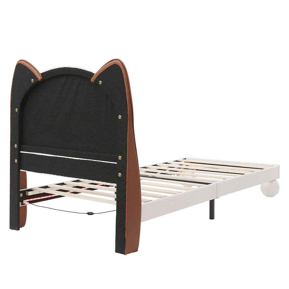 Letto bambino-Xylo-90x200 cm-testa gatto, LED regolabile, PU, beige+marrone