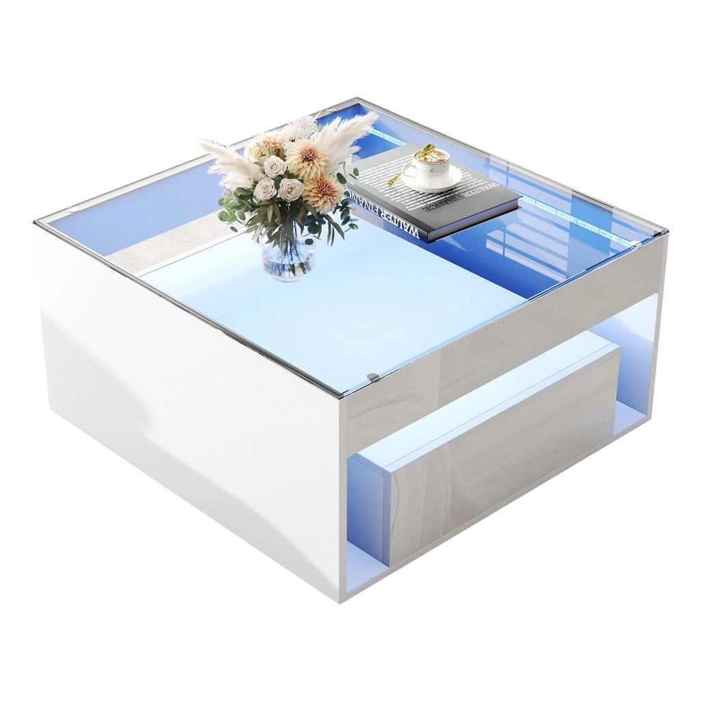 Tavolino da caff¨¨ 70 x 70 x 35 cm in MDF bianco con piano in vetro temperato, 2 cassetti, LED e portata 60 kg