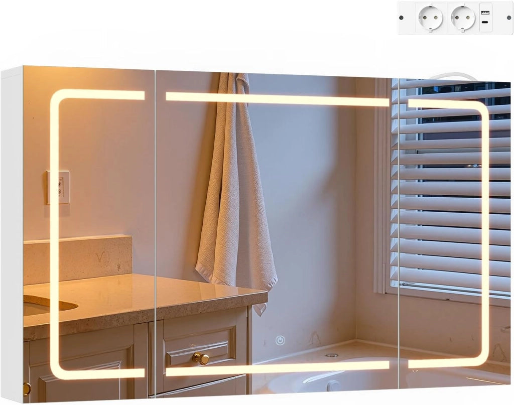 Mobile Bagno con Specchio e Luce, Armadietto Bagno a 3 Porte con Ripiani Regolabili, Ganci e Prese, Luce Tattile a 3 Colori, per Appartamento, Bianco, 100x14,5x60 cm, Nordico