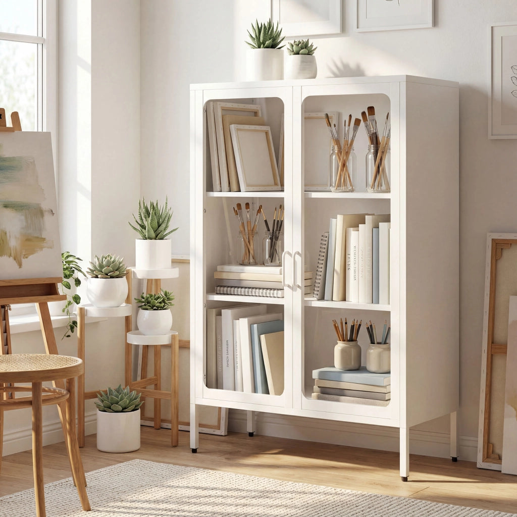 Armadio per ufficio con ante in vetro e ripiani regolabili ¨C zephmum ¨C bianco 80x40x110 cm