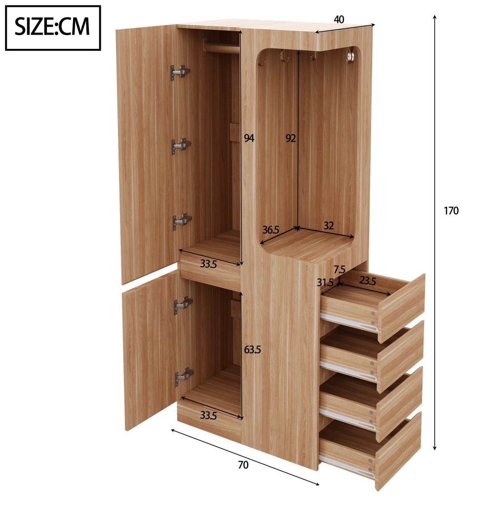 Armadio a 1 anta 70 x 40 x 170 cm con 4 cassetti e vano appendiabiti; colore legno naturale