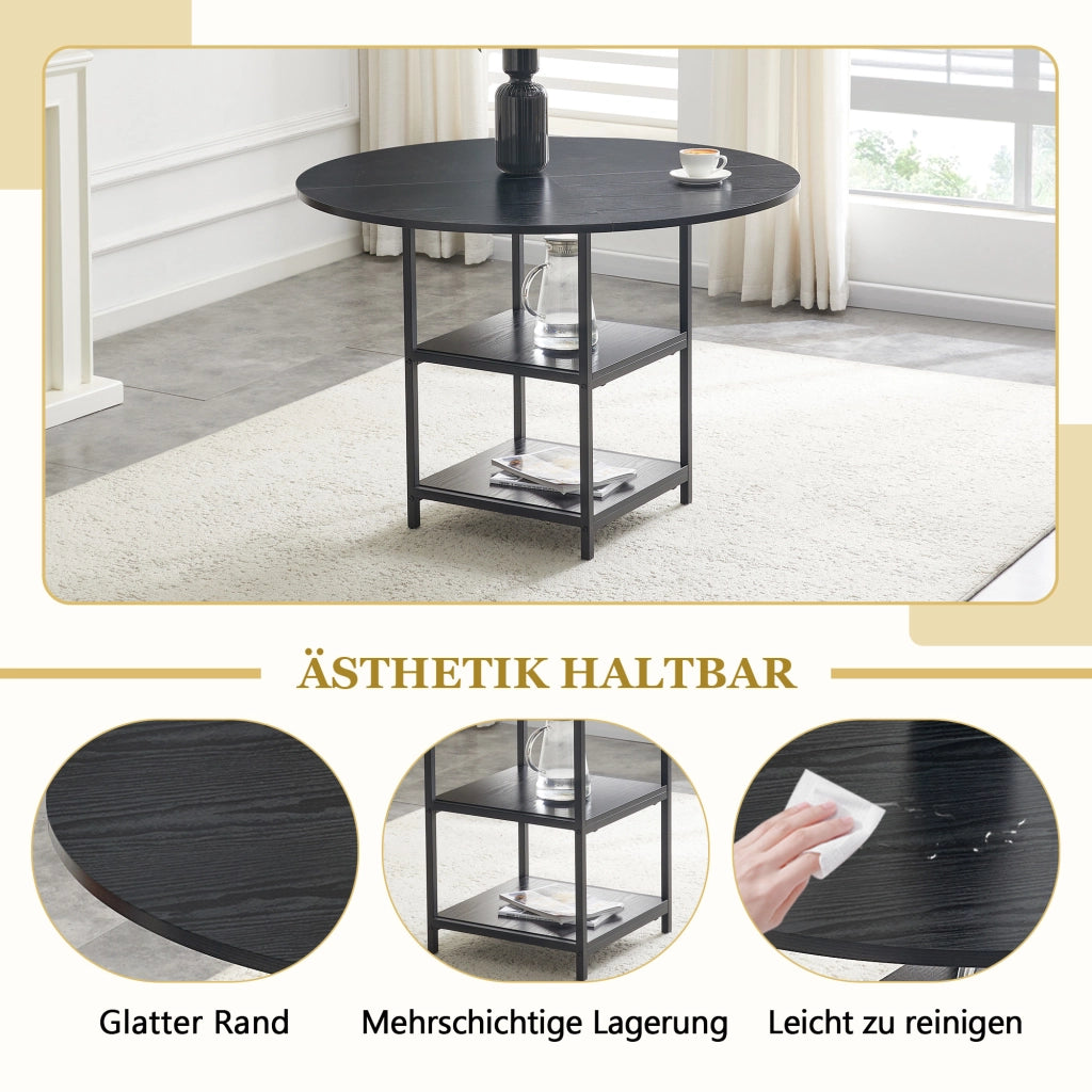 Tavolo da pranzo rotondo per 2-4 persone con doppio ripiano aperto, in MDF e metallo, nero, diametro 107 cm