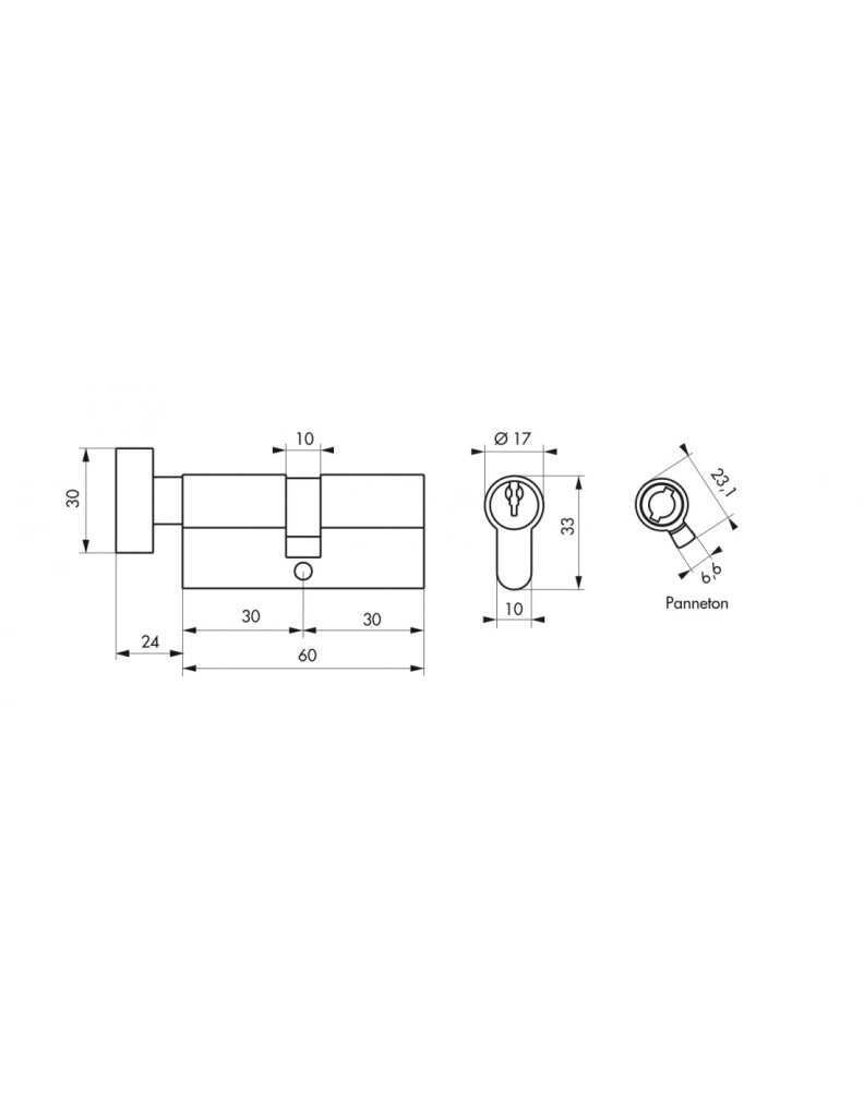 Cilindro europeo con pomolo, 30B x 30 mm, nichel, 3 chiavi – Serrurerie de Picardie