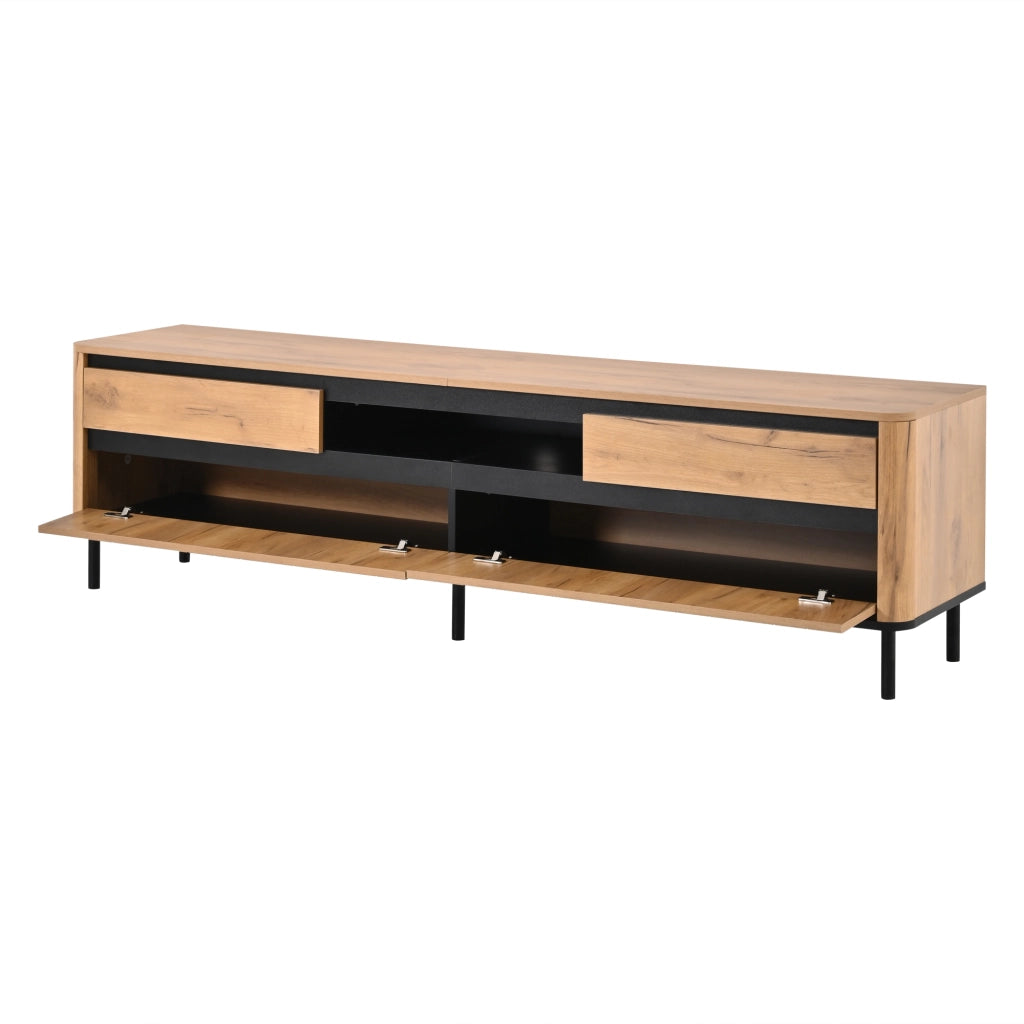 Mobile TV moderno 180x40x52 cm con 2 cassetti, 2 ante a ribalta e vano aperto, finitura rovere e nero