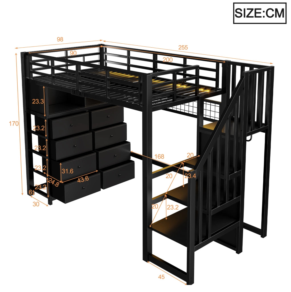 Letto a soppalco 90x200 cm con 8 cassetti, LED e scala con armadio nero