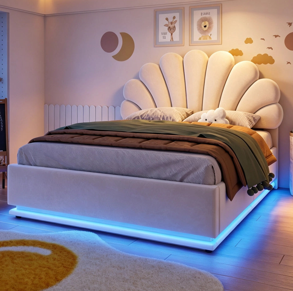 Letto imbottito beige 140 x 200 cm con vano contenitore e luci LED