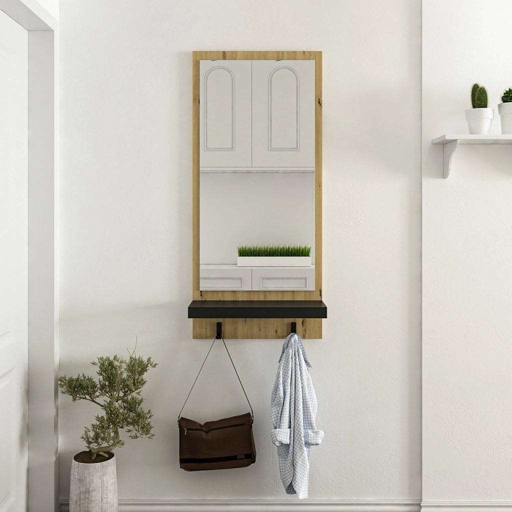 Pannello con Specchio 'Humlebæk' incl. 2 Ganci Appendiabiti e Ripiano - Rovere Artisan / Nero opaco [en.casa]