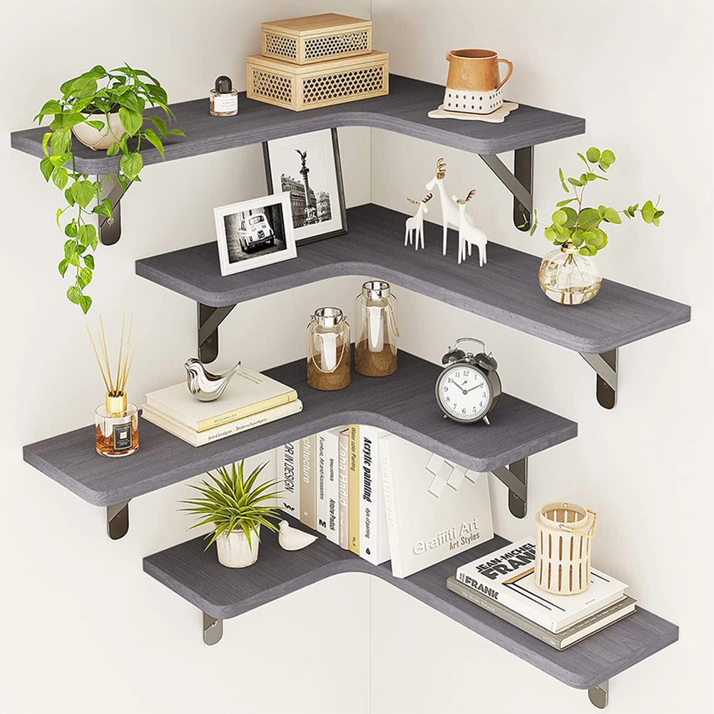 Set 4 Mensole in Legno Grigio da Parete Scaffalatura Muro Salvaspazio 41x14x29cm