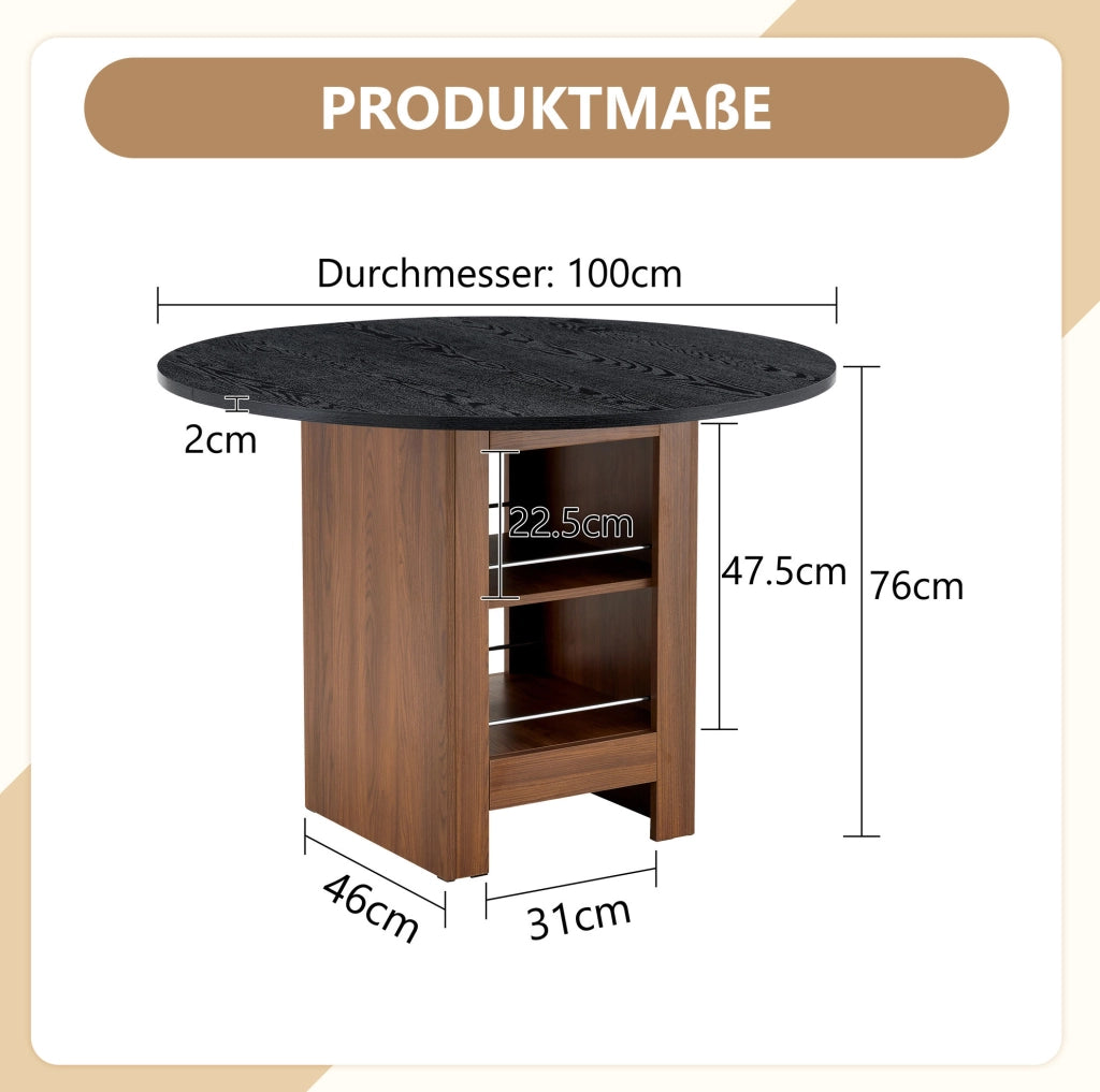 Tavolo da pranzo rotondo ULEVR ?100 cm con vani aperti, MDF noce e nero, altezza 76 cm