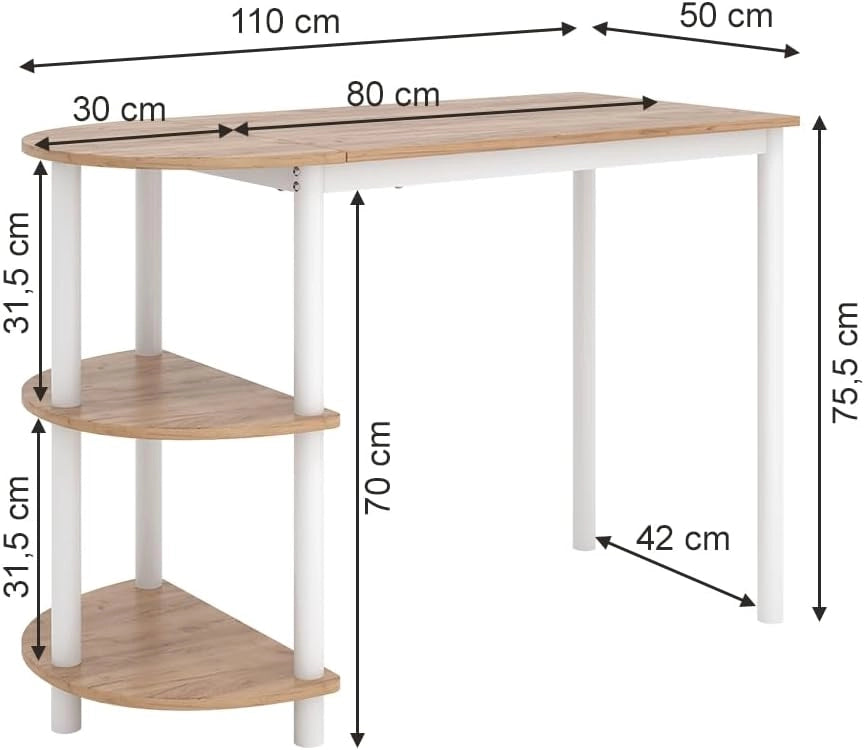 Tavolo da cucina Freetown, Quercia dorata/bianco, 110 x 50 cm con ripiani aperti, adatto come tavolo da pranzo o da lavoro per cucine piccole