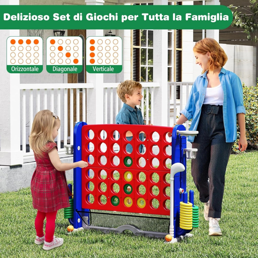 4 in 1 Forza 4 Gigante, Set di Gioco 4 in Fila con Lancio degli Anelli, Canestro da Basket, Palla, Mazza da Golf, Porta Bicchieri, Borsa e Tasca a Rete, Forza 4 Regolabile in Altezza (Rosso)