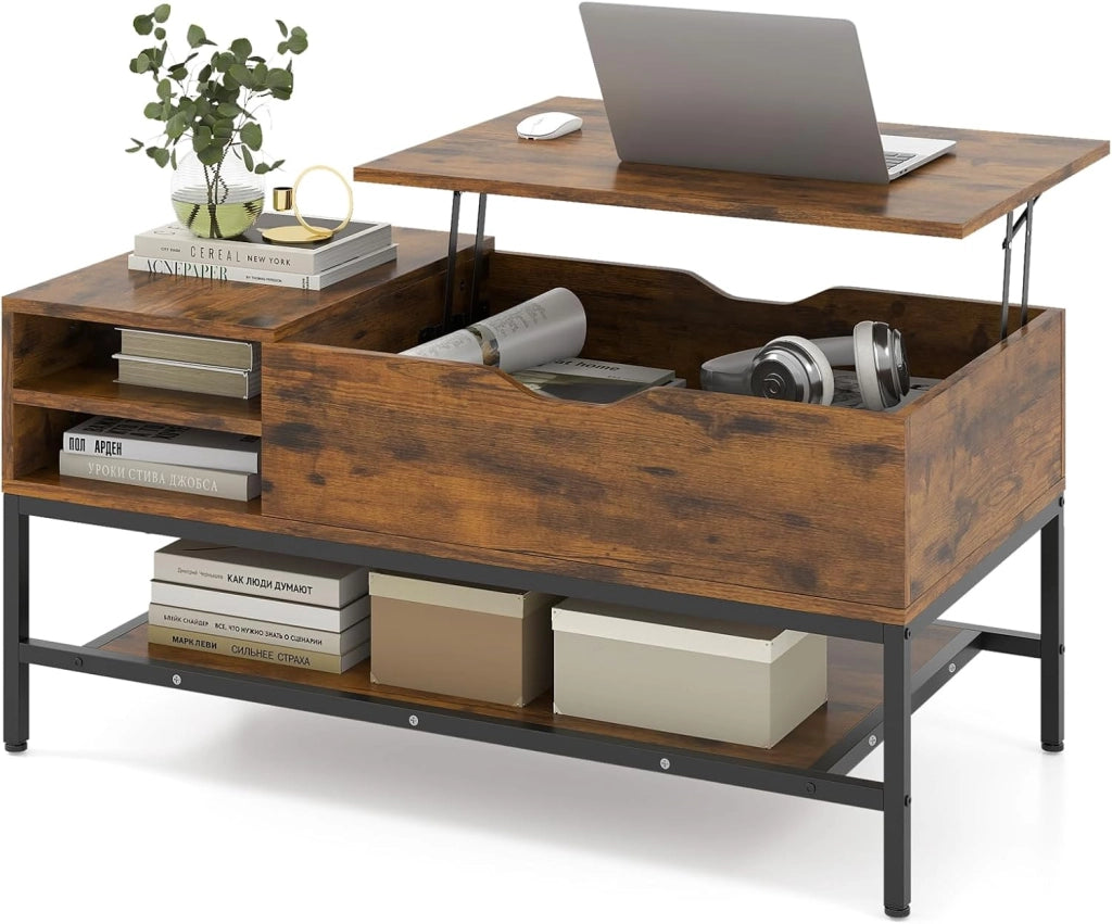 Tavolino da Caffè con Piano Sollevabile e Scomparto Nascosto, Tavolo da Salotto in Legno con Ripiano Portaoggetti, Ideale per Piccoli Spazi (Marrone)