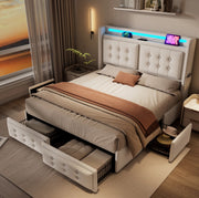 Letto matrimoniale 180x200 cm beige con LED, USB-C e 4 cassetti
