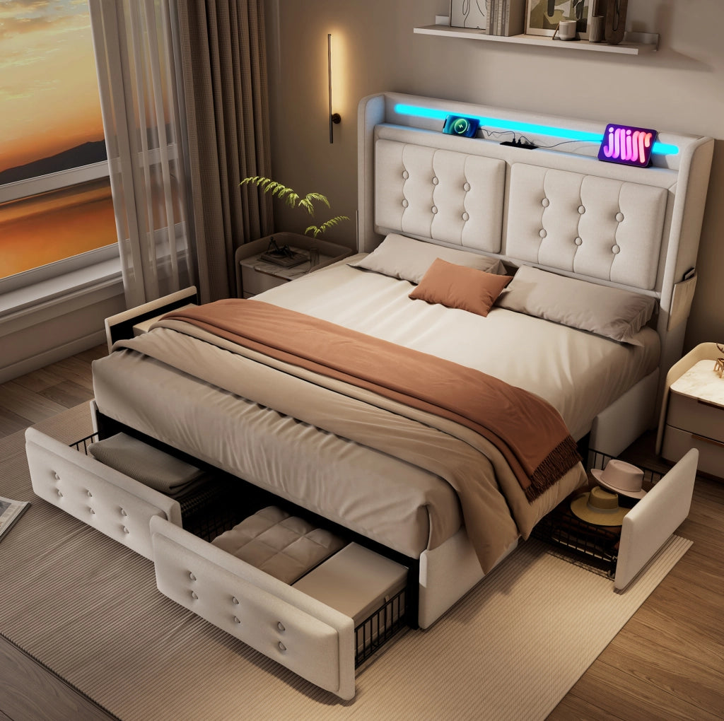 Letto matrimoniale 180x200 cm beige con LED, USB-C e 4 cassetti