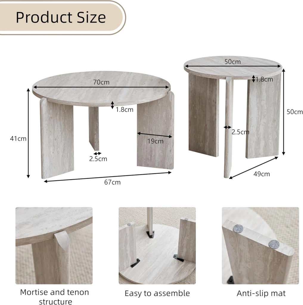 GrandCA HOME Set di Tavolini da Caffè da 2 Pezzi, Tavolino Moderno Nordico a Tre Gambe, Materiale MDF, per Soggiorno, Camera da Letto (Travertino Grigio)