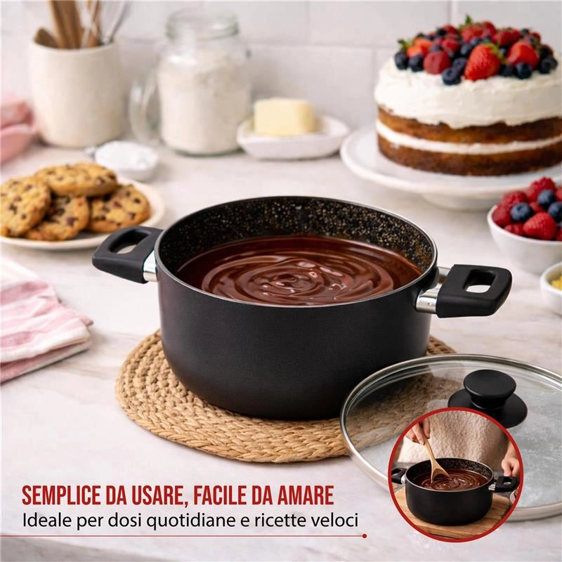 CASSERUOLA IN ALLUMINIO CON COPERCHIO IN VETRO  ANTIADERENTE E ANTIGRAFFIO 18 CM